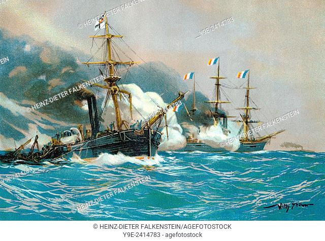 Historical painting by Willy Stöwer, Naval Battle of the steam gunboat of the Chamaeleon-class Meteor, 23 October 1870 off Havana with the French ship Aviso...