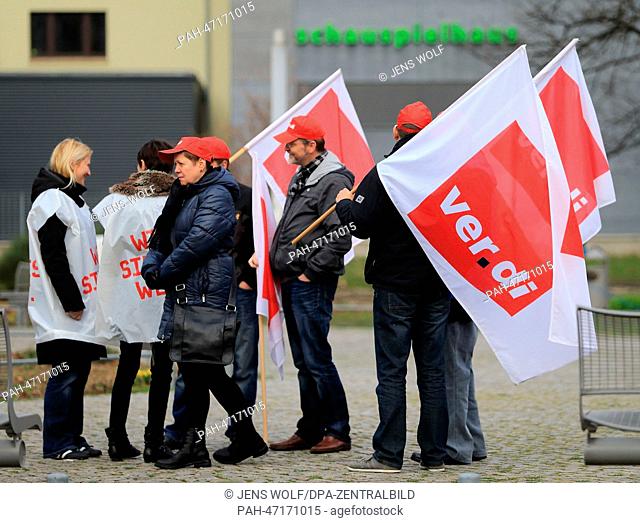 Members of the German service sector union Verdi gather for a warnig strike in Magdeburg, Germany, 17 March 2014. After the first round in the collective...