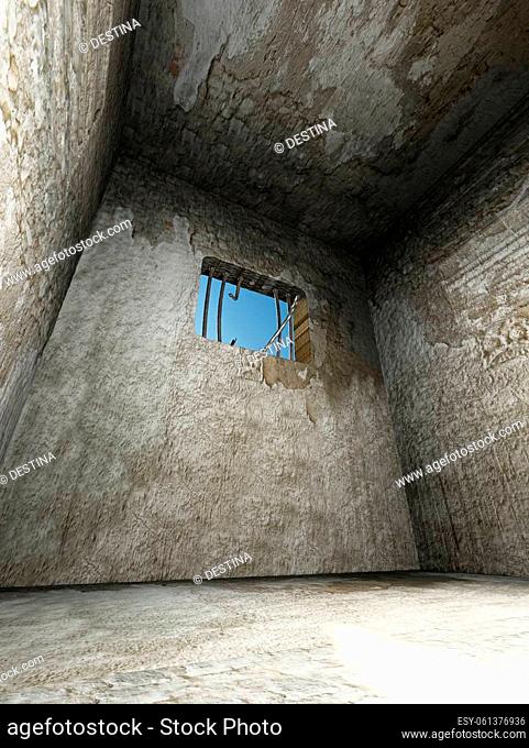 Prison cell with broken prison bars on the window. 3D illustration