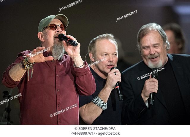 Musicians (l-r) Chris Thompson (Manfred Mann's Earth Band), Nick van Eede (Cutting Crew) and David Clayton-Thomas (Blood Sweet and Tears) perform during the...