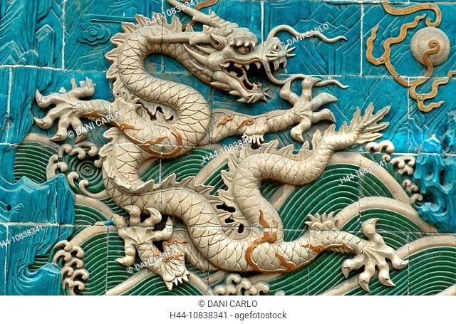 China, Asia, Beijing, Peking, Nine-Dragon Wall, Beihai Park, imperial, historic, culture, detail, decorations, ornate