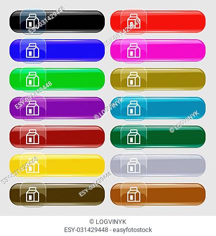 Milk, Juice, Beverages, Carton Package icon sign. Set from fourteen multi-colored glass buttons with place for text. illustration