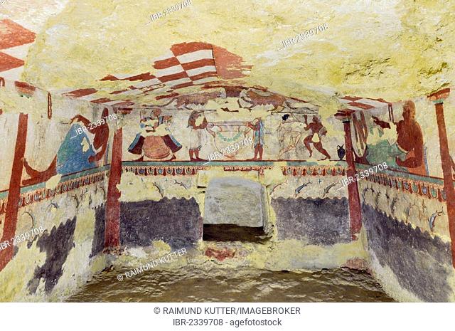 Frescoes, Tomba delle Leonesse, Tomb of the Lionesses, one of the Etruscan grave chambers of Monterozzi Necropolis, 6th to 2nd century BC, Tarquinia, Lazio