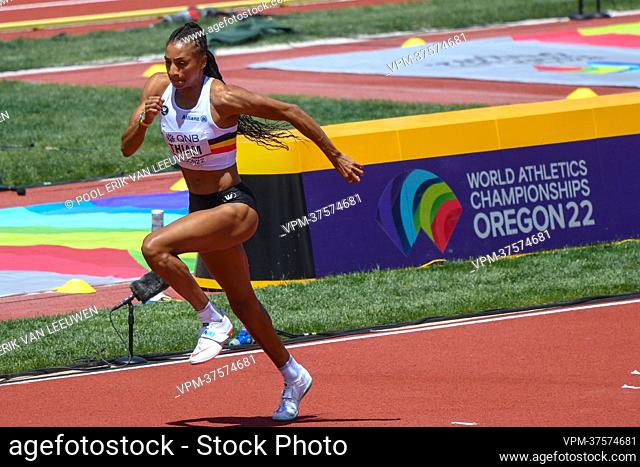 Belgian Nafissatou Nafi Thiam pictured in action during the high jump competition, part of the women's heptathlon, at the 19th IAAF World Athletics...