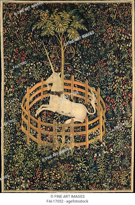 The Unicorn in Captivity. Master of the Hunt of the Unicorn (active End of 15th cen. ). Wool, handwoven. Medieval art. c. 1500