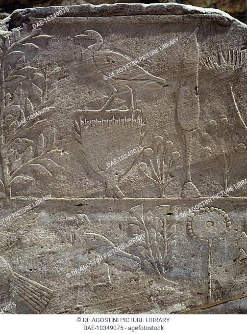 Aquatic plants and birds, detail from a scene commemorating an expedition ordered by Queen Hatshepsut to the Land of Punt, painted relief, Colonnade of Punt
