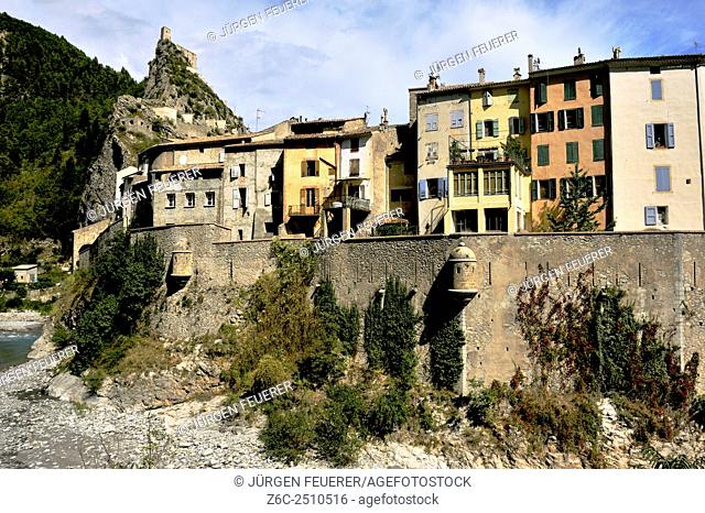 Narrow houses of Entrevaux at the bank of river Var, Alpes-de-Haute-Provence, French Alps, France