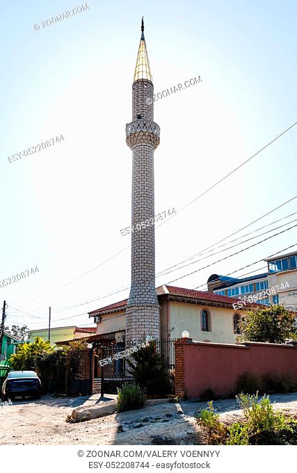 travel to Crimea - minaret of Yuhara-Jami mosque on Upper Street on Castle hill in Alushta city in morning