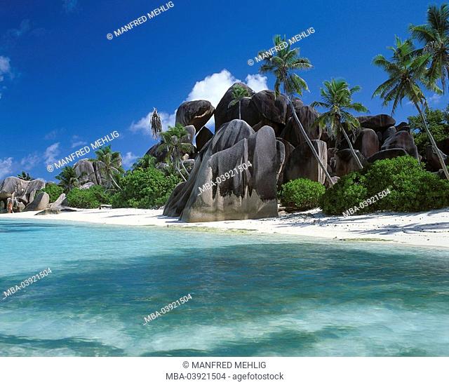Seychelles, island, La Digue, lake, gaze beach, rocks, palms, island state, island-group, coast-landscape, coast, landscape, sandy beach, palm-beach