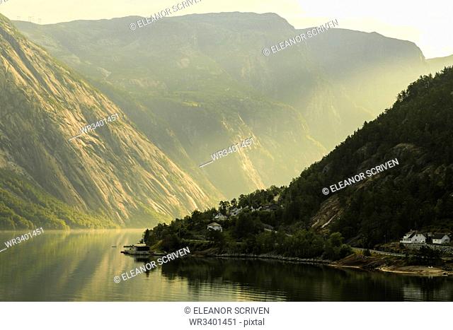 Beautiful Eidfjord, morning mist, fjord reflections, Hardangerfjord, Norwegian Western Fjords, Norway, Scandinavia, Europe