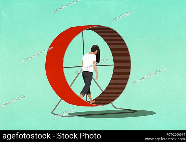 Tired woman walking in hamster wheel
