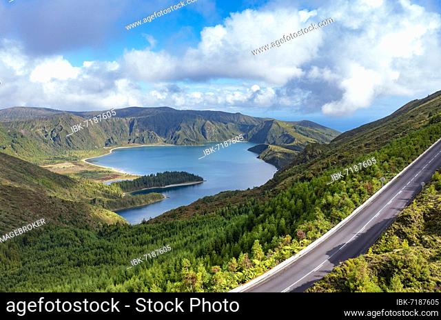Drone shot, mountain road to the summit of Pico da Barrosa and view to the crater lake Lagoa do Fogo, Sao Miguel Island, Azores, Portugal, Europe