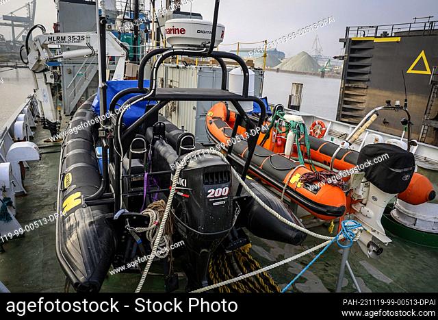 PRODUCTION - 18 November 2023, Bremen: Rubber dinghies are moored on the deck of the Captain Paul Watson Foundation's campaign ship John Paul DeJoria in...
