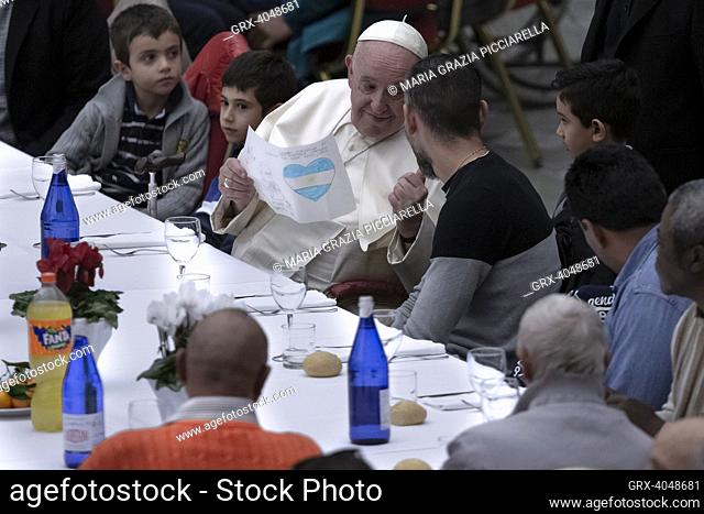 Vatican City, Vatican, November 13 2022. Pope Francis during a lunch with poor, homeless people and migrants on the occasion of the World Day of the Poor