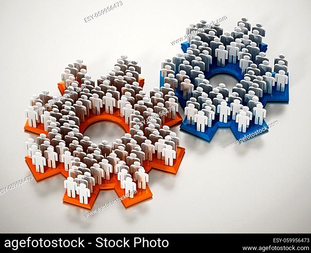 3D figures standing on connected gears. 3D illustration