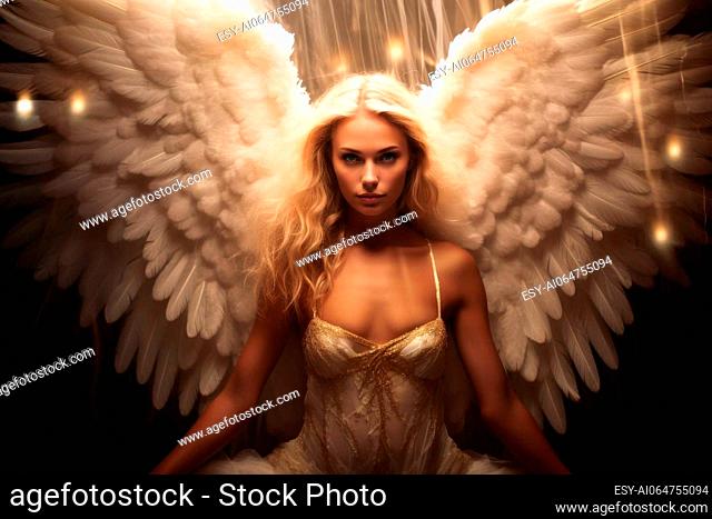 A woman with angel wings and cinematic light