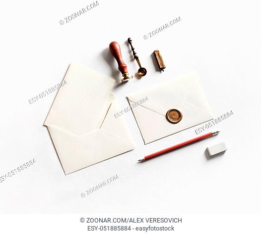 Blank stationery for creativity with envelopes on white paper background