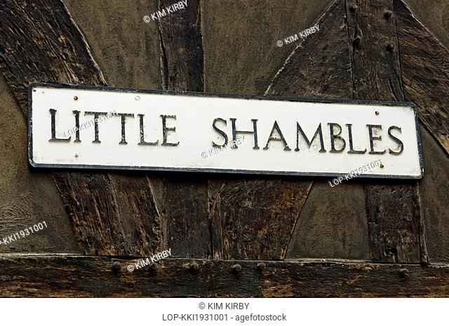 England, North Yorkshire, York. Street sign for Little Shambles in York. The street is adjacent to Shambles, famous for its overhanging timber-framed buildings