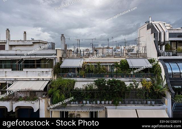 Athens, Attica - Greece - 12 26 2019 Terrace and greenhouse construction on rooftops