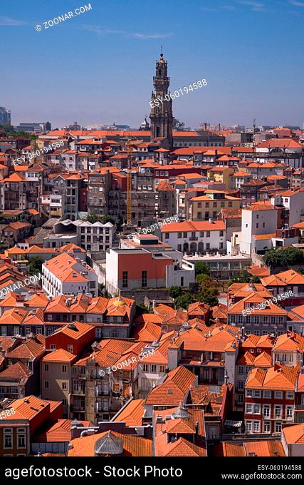 Aerial View of the City with Traditional Orange Tiled Roofs and Clérigos Tower from the Top of Roman Catholic Cathedral Sé de Porto - Portugal