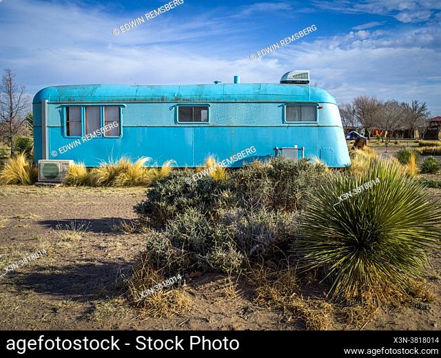 Colorful motor home that tourist can rent for lodging in Marfa, TX