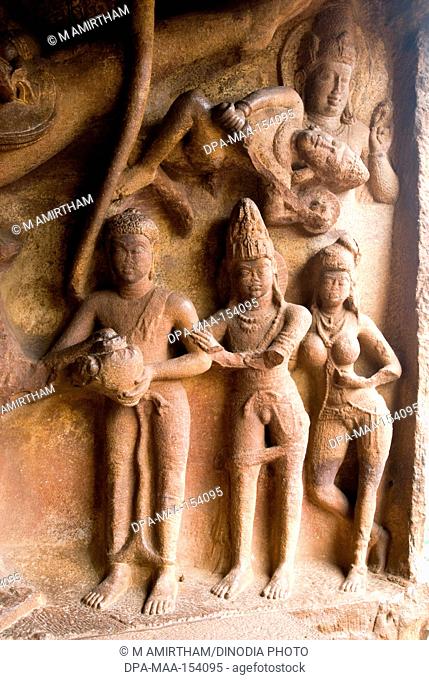 Trivikrama bas relief in cave three dedicated to Vishnu ; cave temple 6th century 578 AD ; Badami ; Karnataka ; India