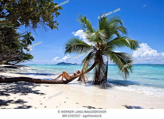 Woman lying on a coconut tree, Anse La Passe, Silhouette Island, Seychelles, Africa, Indian Ocean