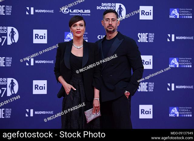 Italian actress Roberta Giarrusso and her husband Riccardo Di Pasquale on the red carpet of the 67th David Di Donatello in the studios of Cinecittà