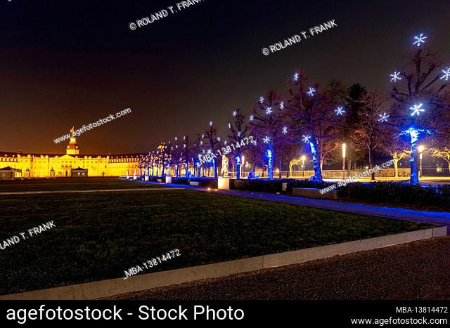 Germany, Baden-Wuerttemberg, Karlsruhe, the castle with Christmas lights
