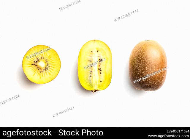 Ripe yellow kiwi fruit isolated on a white background. Halved kiwi fruit