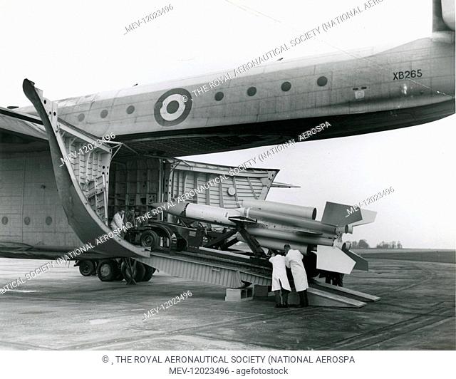 Bristol Bloodhound surface-to-air guided missile being loaded into Blackburn Beverley C1 XB265