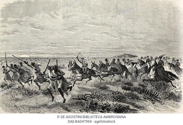 Horse riders in the desert near Ismailia, a horse-drawn carriage, Egypt, illustration by Riou from L'Illustration, Journal Universel, No 1393, Volume LIV