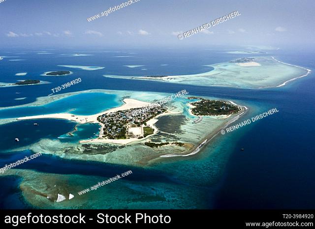 Vacation Island Kandooma and Inhabited Island Guraidhoo, South Male Atoll, Indian Ocean, Maldives