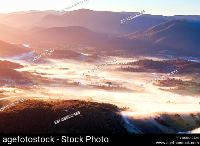 A view over Healesville at sunrise in the Yarra Valley in Victoria, Australia
