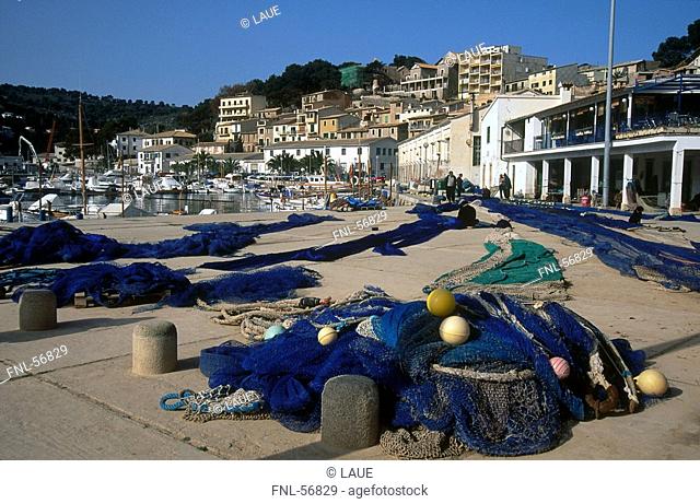 High angle view of fishing nets, Mallorca, Balearic Islands, Spain, Europe