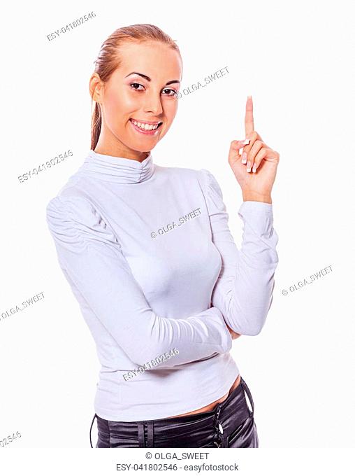 happy business woman got idea pointing finger isolated on white