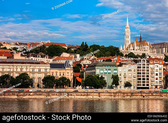 Hungary, Budapest city, Buda side skyline with Matthias Church on top right, Danube river waterfront