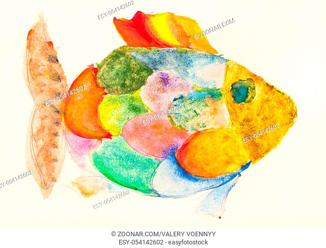 hand painted fish with multicolored scales drawn by watercolors on ivory colored paper