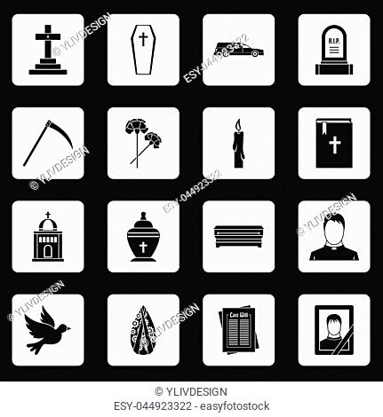 Funeral icons set in white squares on black background simple style illustration