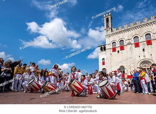 Band in Signoria Square (Piazza Grande) during Ceri Festival, Gubbio, Umbria, Italy, Europe