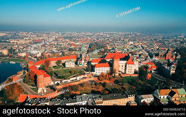 Aerial View city of Krakow, Wawel, Royal Castle