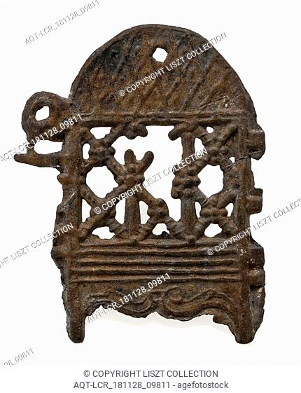 Ornament with openwork design of cage or cabinet, toys, toy relaxant soil find tin metal, Cutaway piece with an embossed side and flat reverse side