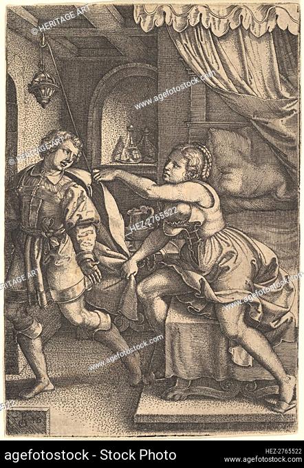 Joseph strides away from Potiphar's wife, who clutches his cloak with both hands as she st.., 1546. Creator: Georg Pencz