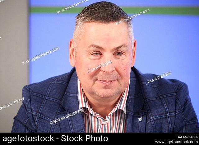 RUSSIA, MOSCOW - DECEMBER 15, 2023: Marka CEO Artyom Adibekov attends a ceremony to cancel postage stamps marking 60 years since the launch of Good Night