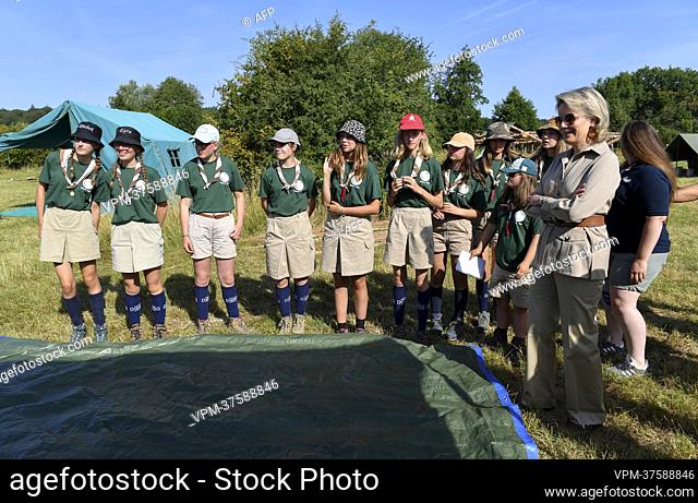 Queen Mathilde of Belgium and is pictured during a royal visit to the summer camp of Compagnie Cassiopee, of the Catholic Guides, in Lavaux-Sainte-Anne
