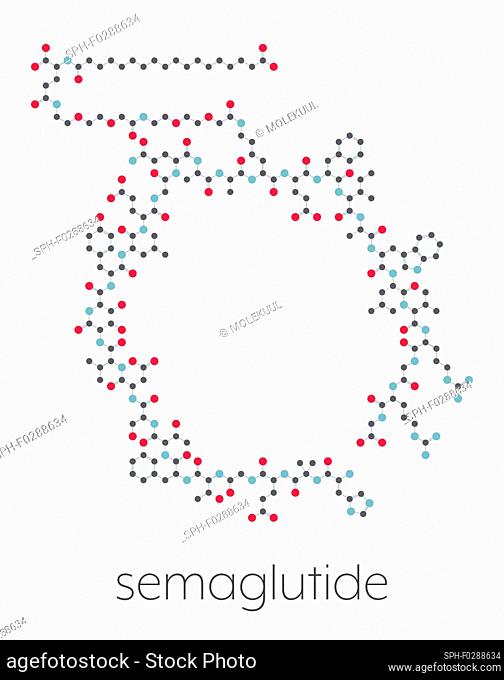Semaglutide diabetes drug molecule (incretin agonist). Stylized skeletal formula (chemical structure): Atoms are shown as color-coded circles connected by thin...
