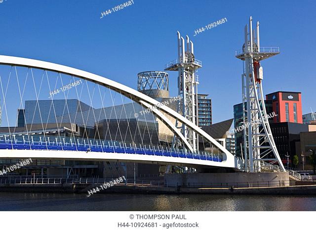 Salford Quays, Lowry Centre, Manchester, bridge, Millennium Bridge, Manchester Ship Canal, theatre, art gallery, nobody, England, theater, Lancashire, UK
