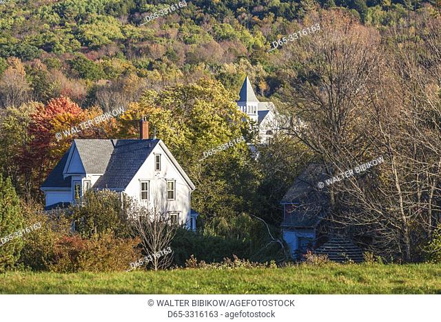 Canada, Nova Scotia, Annapolis Valley, Wolfville, farmhouse and church, autumn
