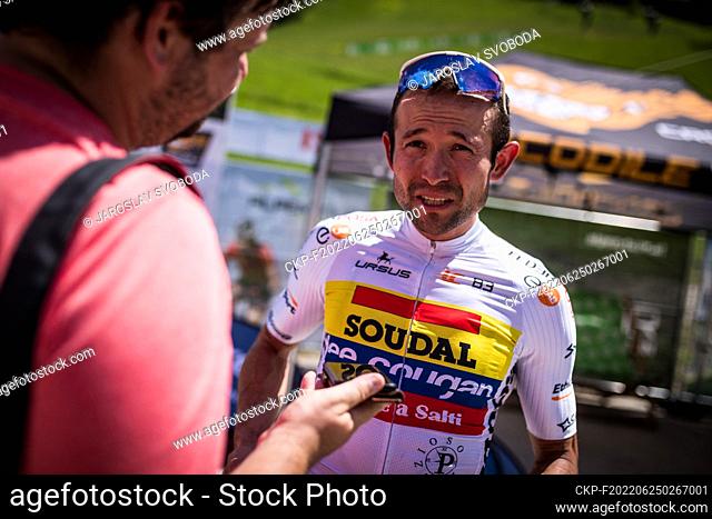 Colombia's Hector Leonardo Paez Leon speaks with journalists after the first stage of MTB stage race Alpentour Trophy in Schladming - Dachstein region, Austria