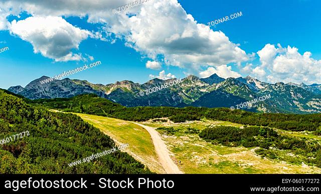 A panorama picture of the landscape of the Triglav National Park as seen from the Vogel ski resort